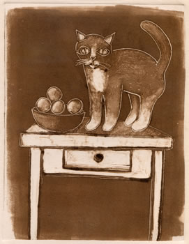 monotype of cat on table with bowl of fruit